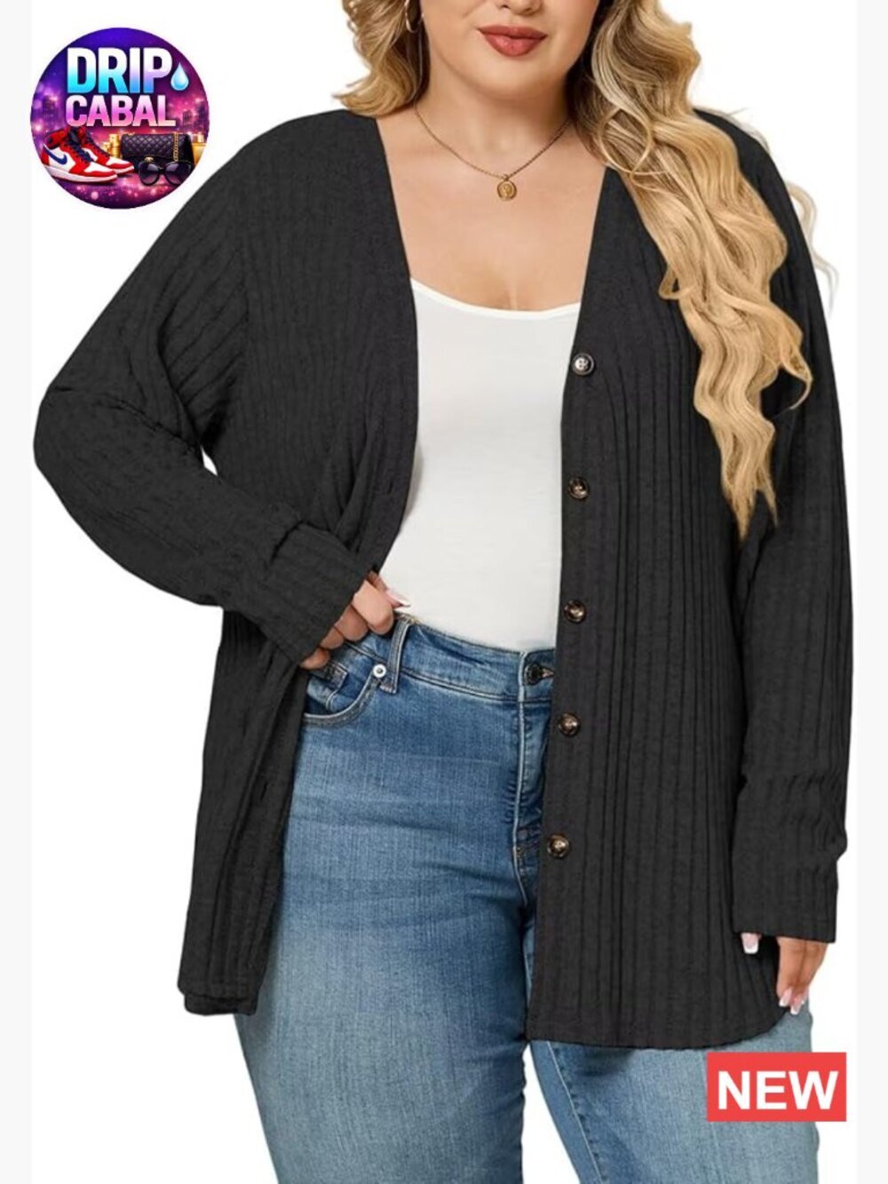 Plus Size Open Front Cardigan Lightweight Ribbed Knit Loose Long Sleeve Button